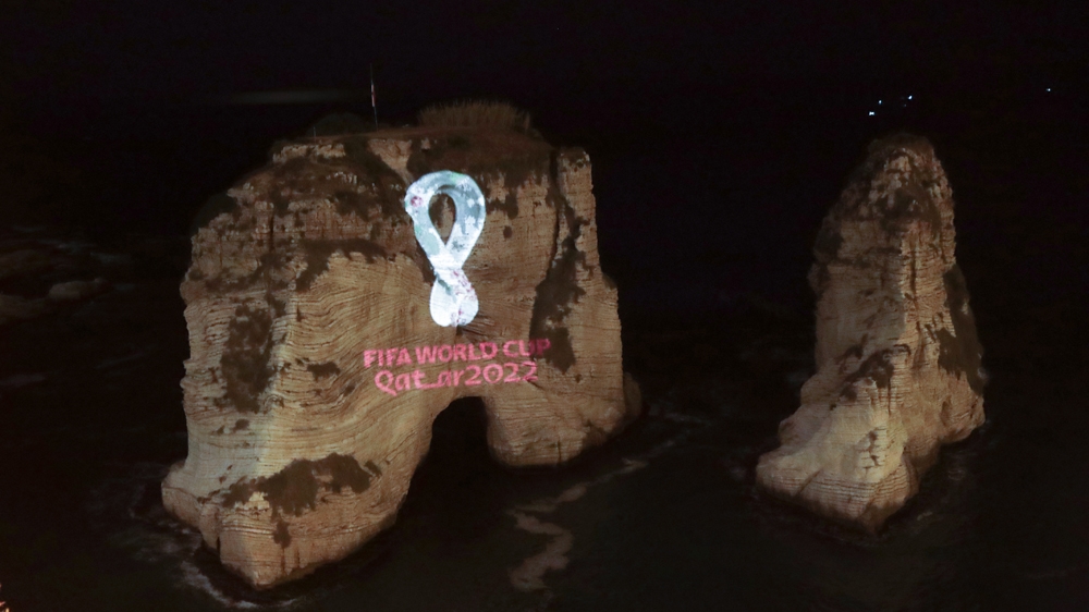 The World Cup 2022 is projected on the famous Pigeon's Rock landmark in the Lebanesecapital Beirut