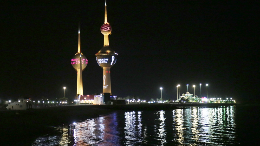 The World Cup 2022 is projected on the Kuwait Towers, in Kuwait City